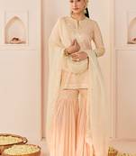 Carnation pink embroidered chanderi silk short kurti gharara set
