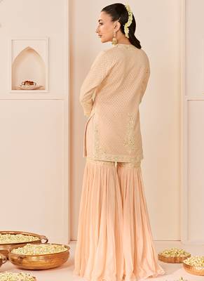Carnation pink embroidered chanderi silk short kurti gharara set 2
