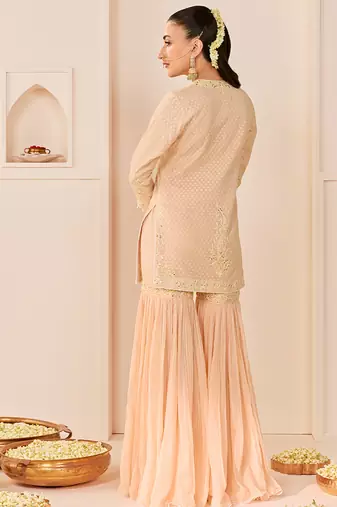 Carnation pink embroidered chanderi silk short kurti gharara set
