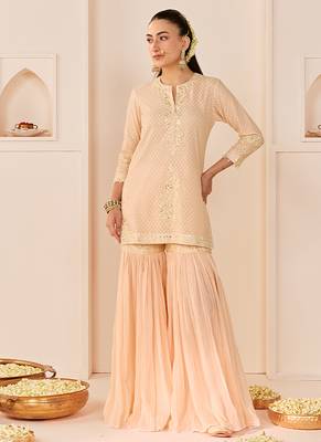 Carnation pink embroidered chanderi silk short kurti gharara set 3