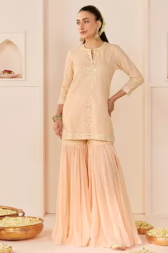 Carnation pink embroidered chanderi silk short kurti gharara set