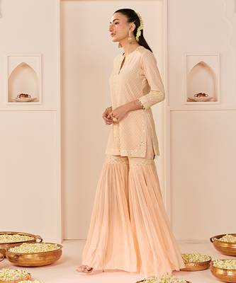 Carnation pink embroidered chanderi silk short kurti gharara set 4