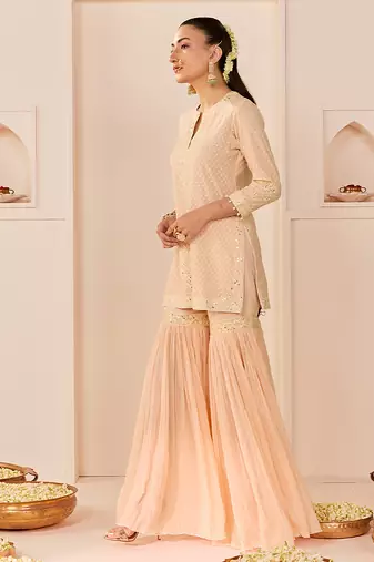 Carnation pink embroidered chanderi silk short kurti gharara set