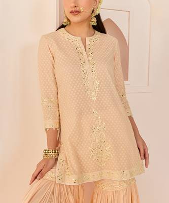 Carnation pink embroidered chanderi silk short kurti gharara set 5