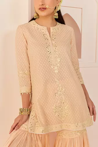 Carnation pink embroidered chanderi silk short kurti gharara set