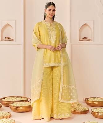 Lemon yellow embroidered chanderi silk sharara set 1