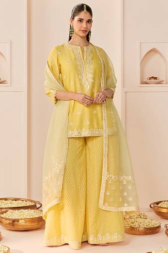 Lemon yellow embroidered chanderi silk sharara set