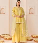 Lemon yellow embroidered chanderi silk sharara set