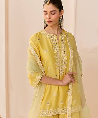 Lemon yellow embroidered chanderi silk sharara set 2