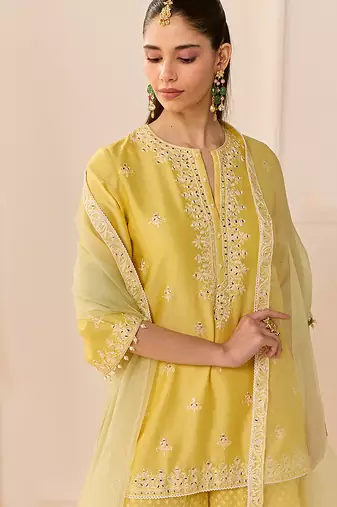 Lemon yellow embroidered chanderi silk sharara set