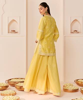 Lemon yellow embroidered chanderi silk sharara set 3