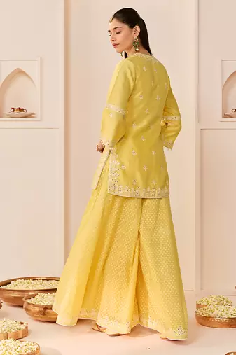 Lemon yellow embroidered chanderi silk sharara set