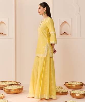 Lemon yellow embroidered chanderi silk sharara set 4