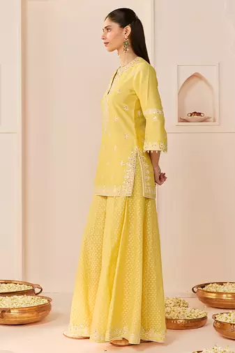Lemon yellow embroidered chanderi silk sharara set