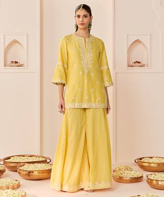 Lemon yellow embroidered chanderi silk sharara set 5