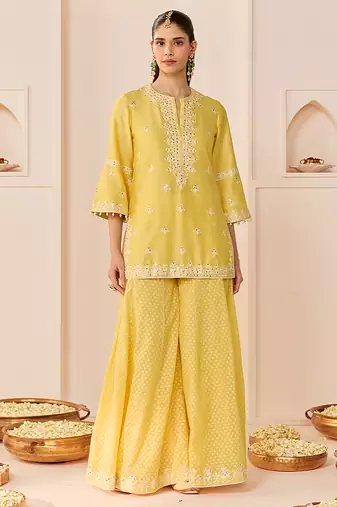 Lemon yellow embroidered chanderi silk sharara set