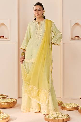 Mint green embroidered chanderi silk sharara set