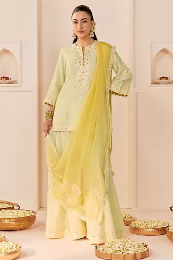 Mint green embroidered chanderi silk sharara set
