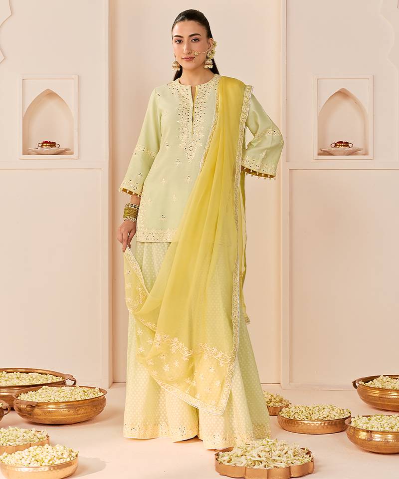 Mint green embroidered chanderi silk sharara set