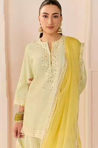 Mint green embroidered chanderi silk sharara set