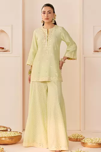 Mint green embroidered chanderi silk sharara set