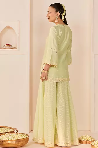 Mint green embroidered chanderi silk sharara set