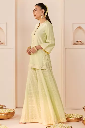 Mint green embroidered chanderi silk sharara set