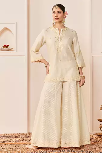 Daisy ivory embroidered chanderi silk sharara set