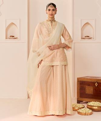 Carnation pink embroidered chanderi silk sharara set 1