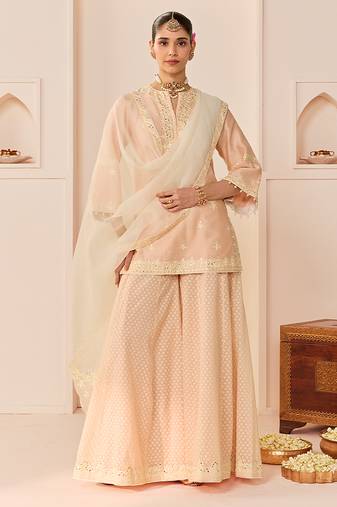 Carnation pink embroidered chanderi silk sharara set