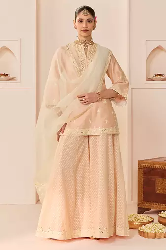 Carnation pink embroidered chanderi silk sharara set