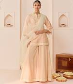 Carnation pink embroidered chanderi silk sharara set