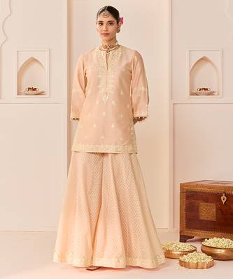 Carnation pink embroidered chanderi silk sharara set 2
