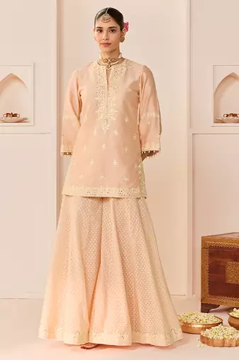 Carnation pink embroidered chanderi silk sharara set