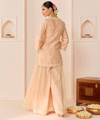 Carnation pink embroidered chanderi silk sharara set 3