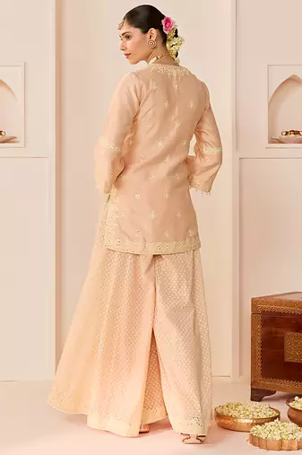 Carnation pink embroidered chanderi silk sharara set