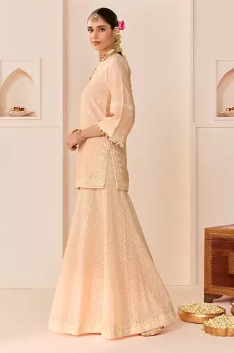 Carnation pink embroidered chanderi silk sharara set