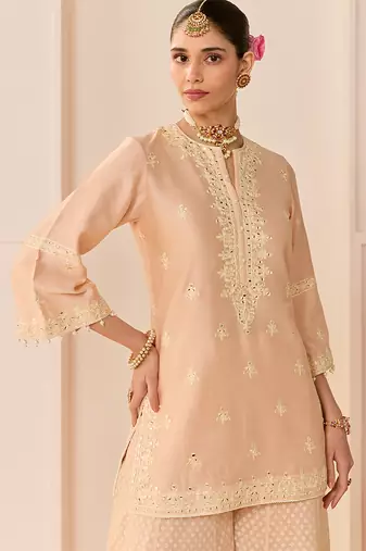 Carnation pink embroidered chanderi silk sharara set