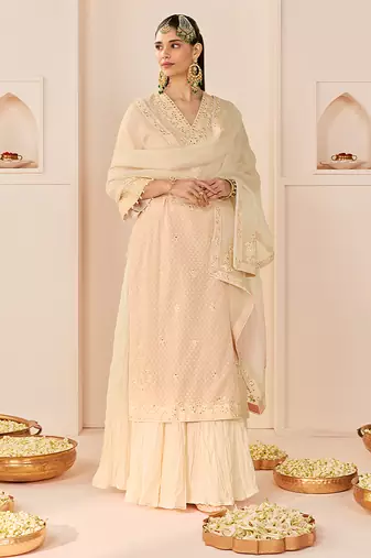 Carnation pink embroidered chanderi silk kurti set with skirt