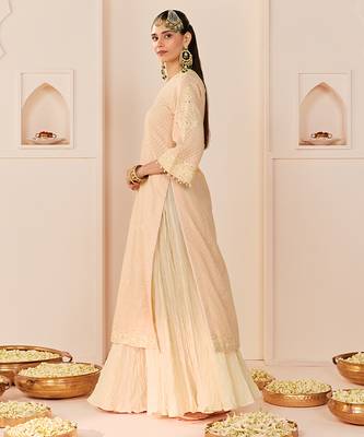 Carnation pink embroidered chanderi silk kurti set with skirt 2