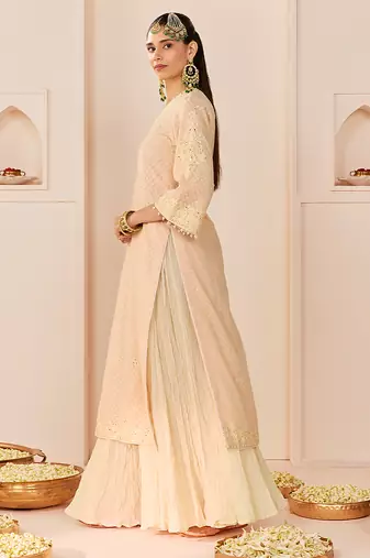 Carnation pink embroidered chanderi silk kurti set with skirt