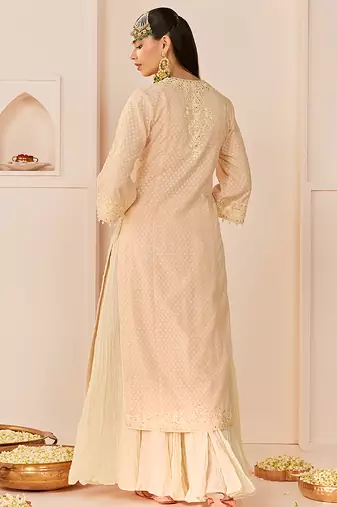 Carnation pink embroidered chanderi silk kurti set with skirt