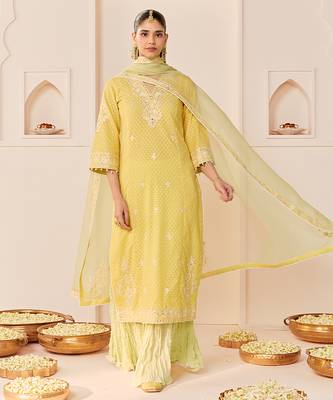 Lemon yellow embroidered chanderi silk kurti set with skirt 1