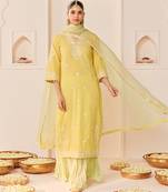 Lemon yellow embroidered chanderi silk kurti set with skirt