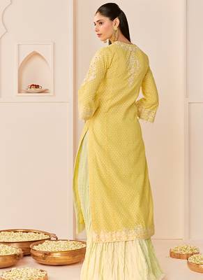 Lemon yellow embroidered chanderi silk kurti set with skirt 2