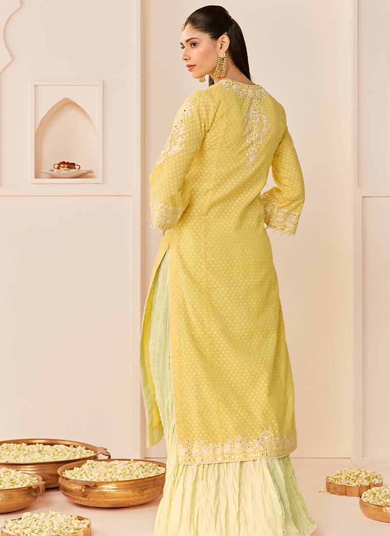 Lemon yellow embroidered chanderi silk kurti set with skirt