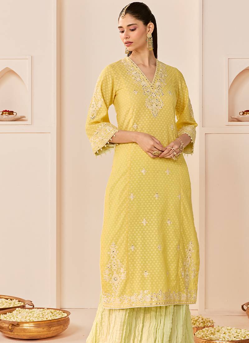 Lemon yellow embroidered chanderi silk kurti set with skirt