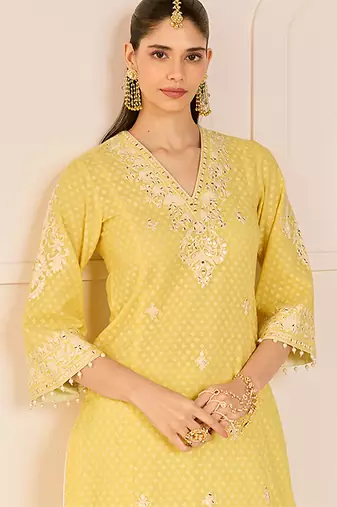 Lemon yellow embroidered chanderi silk kurti set with skirt