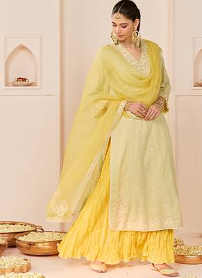 Mint green embroidered chanderi silk kurti set with skirt 1