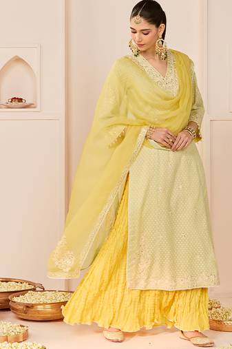 Mint green embroidered chanderi silk kurti set with skirt